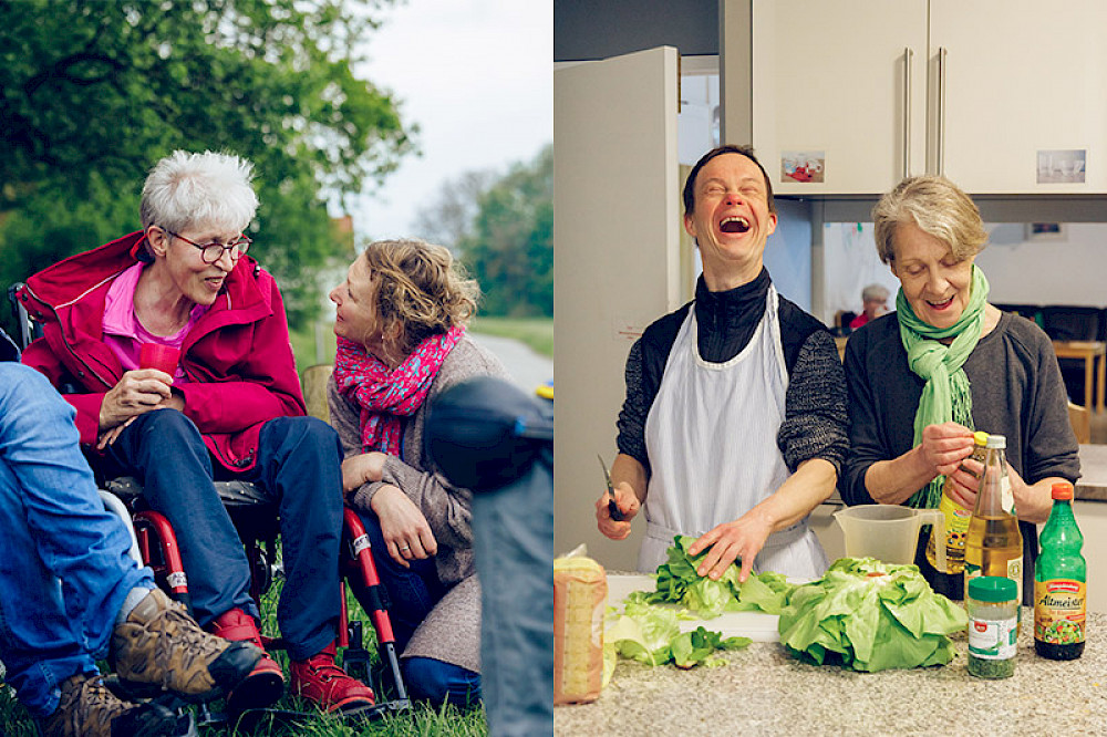 Bild zeigt Personen beim Gespräch und lachende Personen in der Küche.