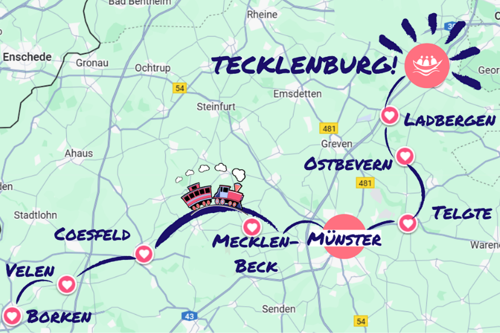 Das Bild zeigt eine Karte mit der eingezeichneten Wanderstrecke von Borken über Velen, Coesfeld, Münster, Telgte, Ostbevern, Ladbergen bis nach Tecklenburg