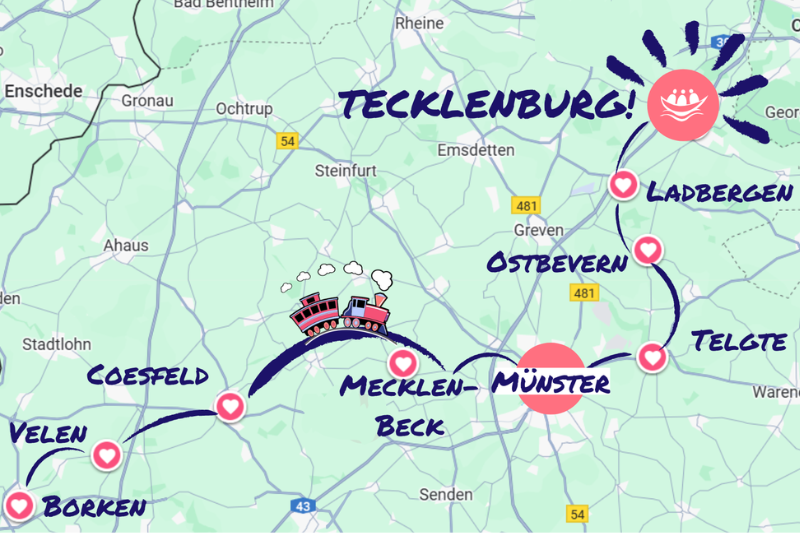 Das Bild zeigt eine Karte mit der eingezeichneten Wanderstrecke von Borken über Velen, Coesfeld, Münster, Telgte, Ostbevern, Ladbergen bis nach Tecklenburg